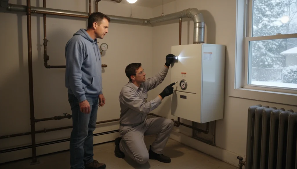 Technician inspecting boiler pressure gauge and venting for winter readiness
