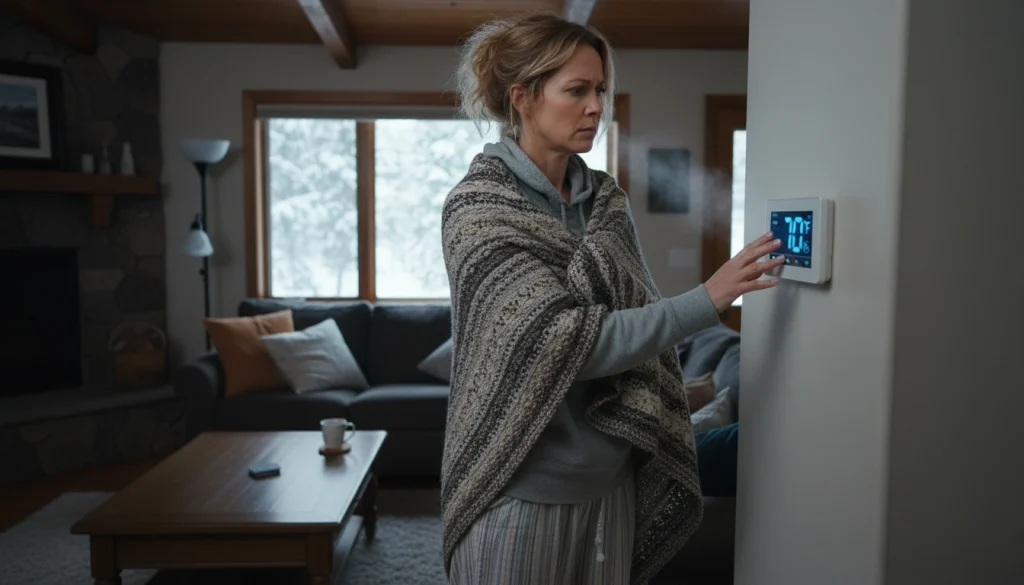 Homeowner bundled up indoors despite thermostat showing warm temperature.