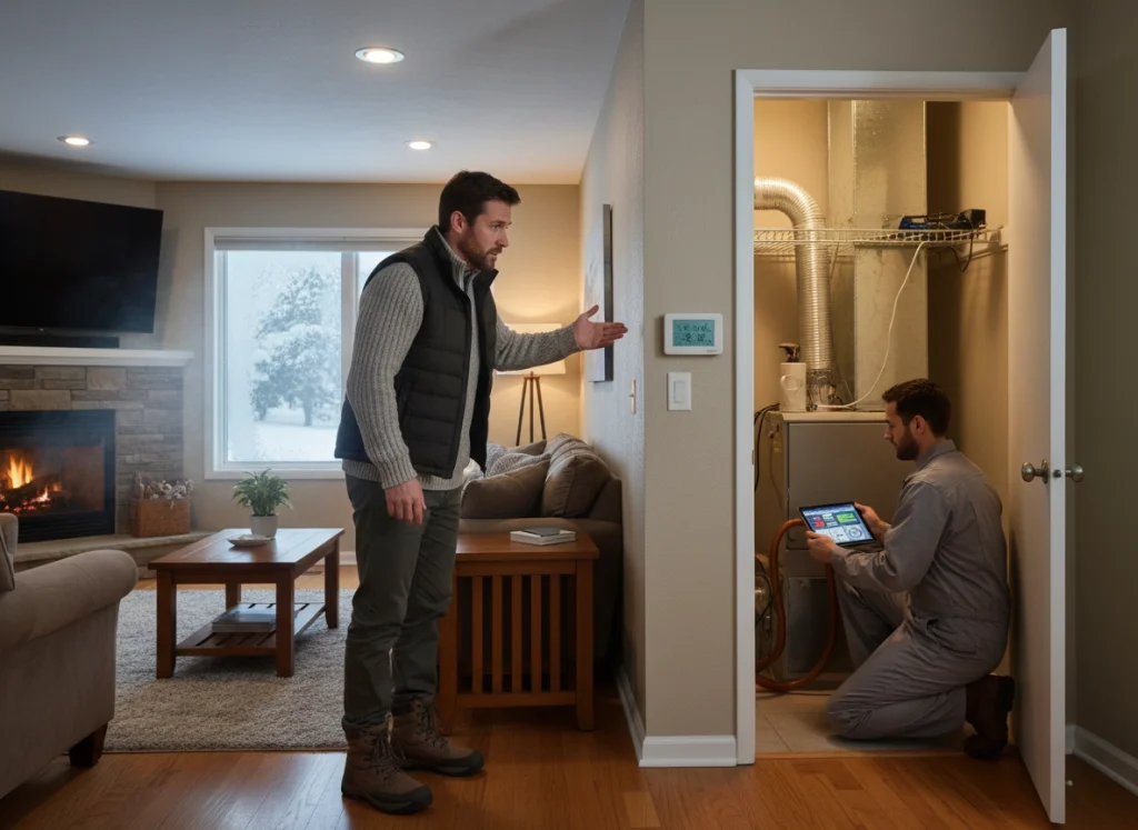 HVAC technician diagnosing furnace issues in Northbrook living room during snowy winter morning