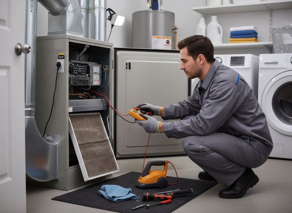 HVAC technician performing February tune up with airflow and safety checks