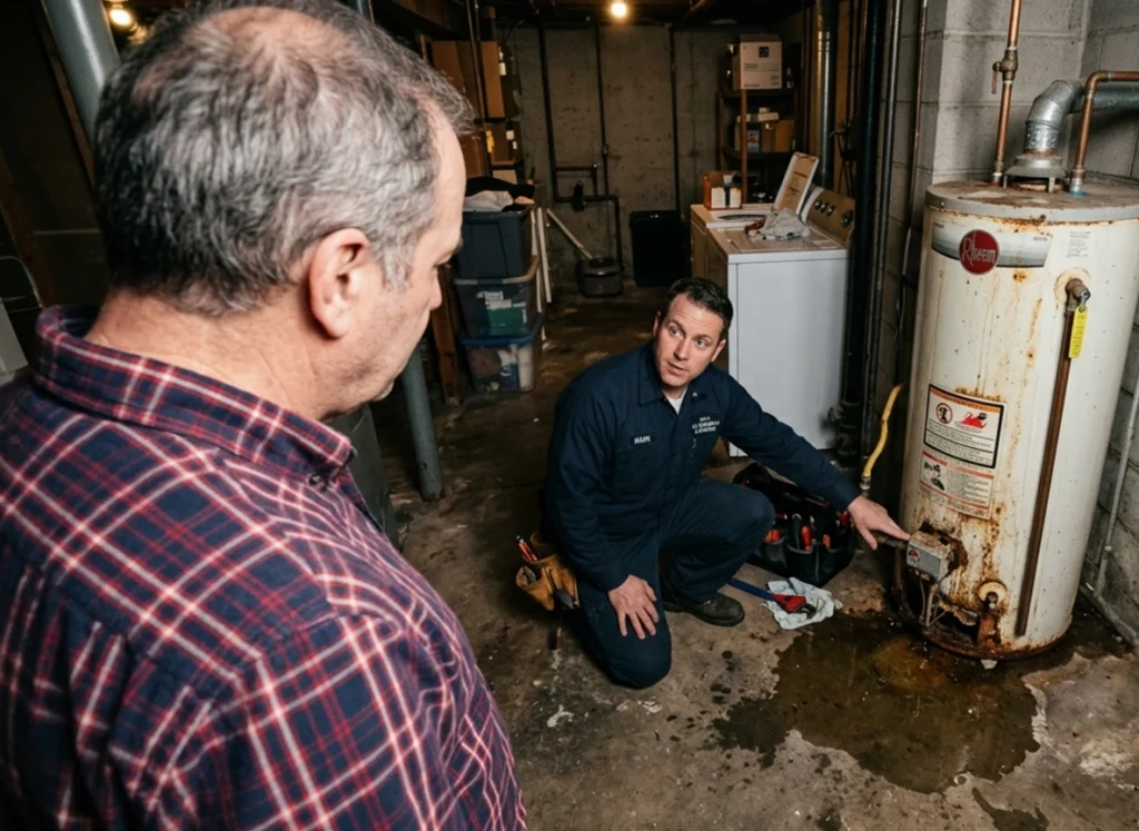 Homeowner being shown a leak coming from his water heater.