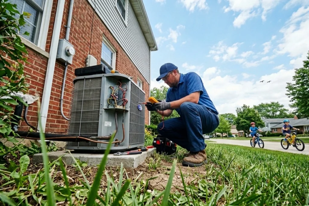 HVAC technician performing spring AC maintenance