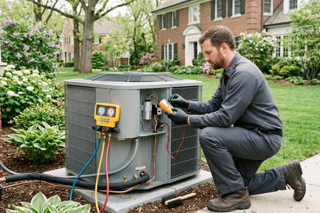 HVAC technician inspecting central air conditioner on North Shore