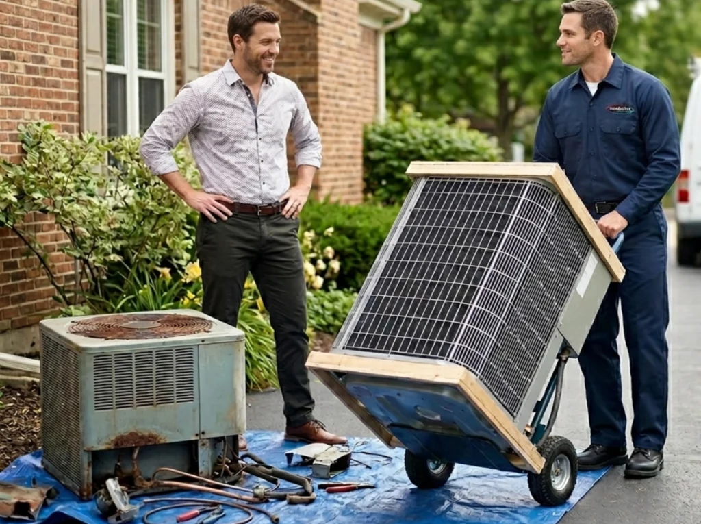 An HVAC tech delivering a new AC unit.