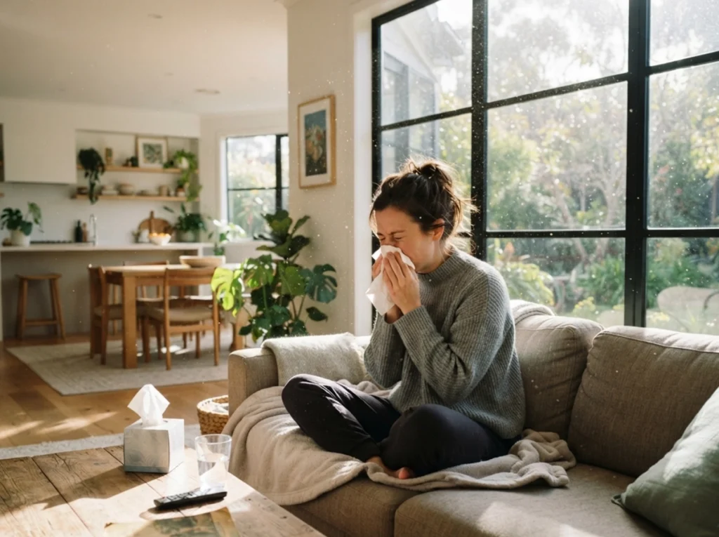 A woman, sneezing and blowing her nose on the couch due to allergies in the air.