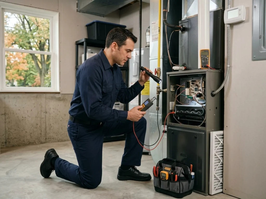 HVAC technician performing furnace maintenance in Winnetka Illinois