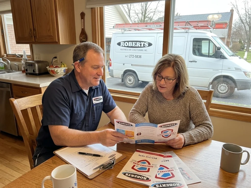A homeowner and an HVAC technician discussing the discount club at the kitchen table.